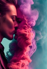 Couple kissing embracing in colorful smoke bomb cloud