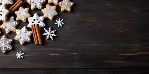 Christmas gingerbread cookies and spices on dark wooden background. Top view with copy space Generative AI