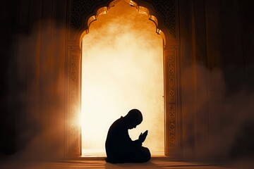 Moslem man silhouette doing salat praying for Allah inside the mosque at night, tahajjud. Orange smoke around the mosque - obrazy, fototapety, plakaty