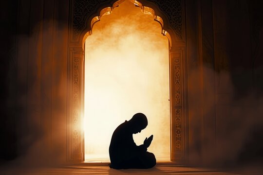 Moslem man silhouette doing salat praying for Allah inside the mosque at night, tahajjud. Orange smoke around the mosque