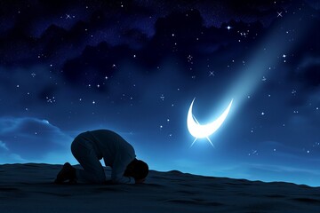 Moslem man doing sujud praying for Allah under the falling stars, with crescent moon at night. - obrazy, fototapety, plakaty