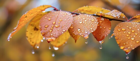 Autumn raindrops fall onto foliage.