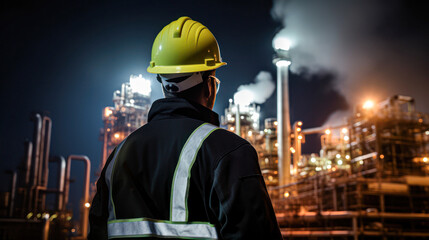 Engineer Overlooking Nighttime Industrial Plant.A male engineer in safety gear is standing with his back to the camera, observing the operations of a large industrial plant at night.