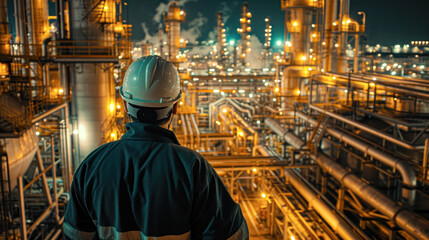 Engineer Overlooking Nighttime Industrial Plant.A male engineer in safety gear is standing with his back to the camera, observing the operations of a large industrial plant at night.