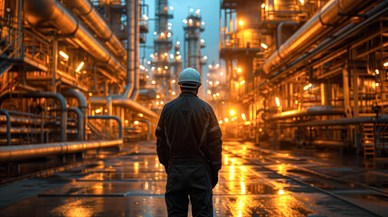 Engineer Overlooking Nighttime Industrial Plant.A male engineer in safety gear is standing with his back to the camera, observing the operations of a large industrial plant at night.