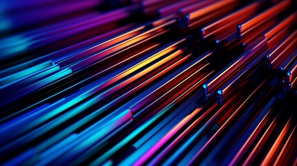 Colorful neon light stripes glowing vividly against a dark background, creating a vibrant pattern.
