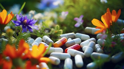 Medication capsules intermixed with blooming flowers in a vibrant garden setting.