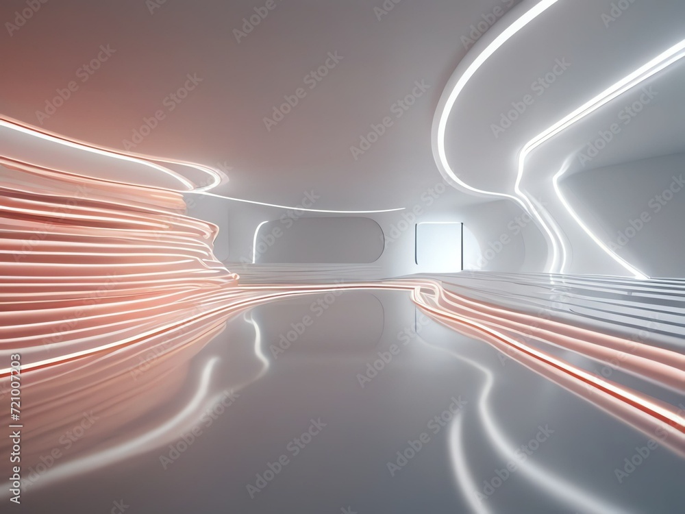 Poster abstract panoramic background of curvy dynamic neon lines glowing in the light room with floor refle