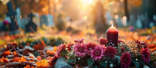 Autumn day at cemetery with candle and flowers on grave in November. - obrazy, fototapety, plakaty
