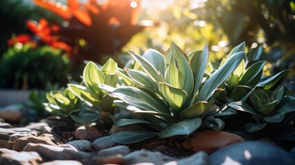 Hosta plants thriving in a sun-kissed garden landscape with decorative stones.