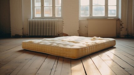A simple, sunlit mattress in a bright, spacious room with rustic wooden flooring.