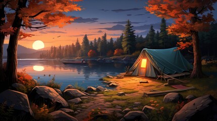 Illustration of a tranquil camping setup by a lake with a tent, as the sun sets among autumn trees.