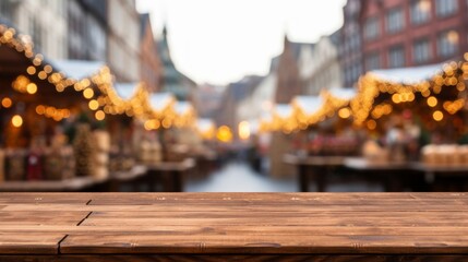 Festive Christmas market atmosphere captured with a defocused blur of lights and decorations, with wooden surface foreground.