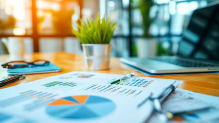 Morning business plan for success, pie graph and pot plant on the table 