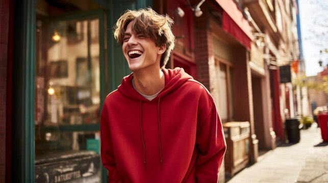 Youthful male with a carefree laugh, dressed in a red hoodie, enjoying a moment on a city street.