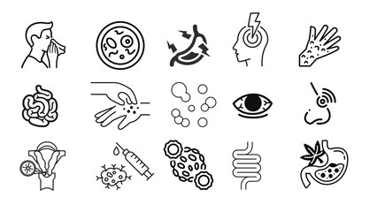 Icon set, disease symptoms, heart, intestines, smallpox, diarrhea, flu, cough, headache, vector illustration. - obrazy, fototapety, plakaty