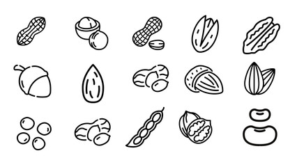 Icon sets. Peanuts, green beans, nuts, seeds, plants, vegetables, vector illustration, 