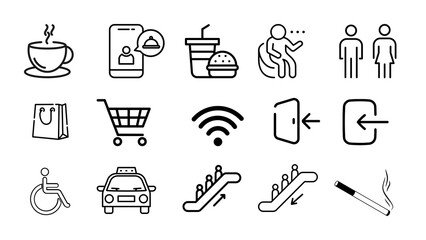 Icon set, Food court, public toilet, shopping, mall, escalator, network, entrance hall, vector illustration,