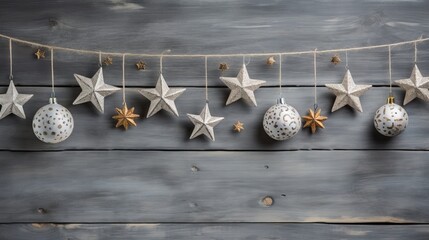 Christmas decoration on wooden background with copy space. Festive christmas background. Generative AI