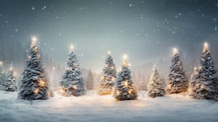 Fantastic winter landscape with snow covered trees. Christmas greeting card. Generative AI