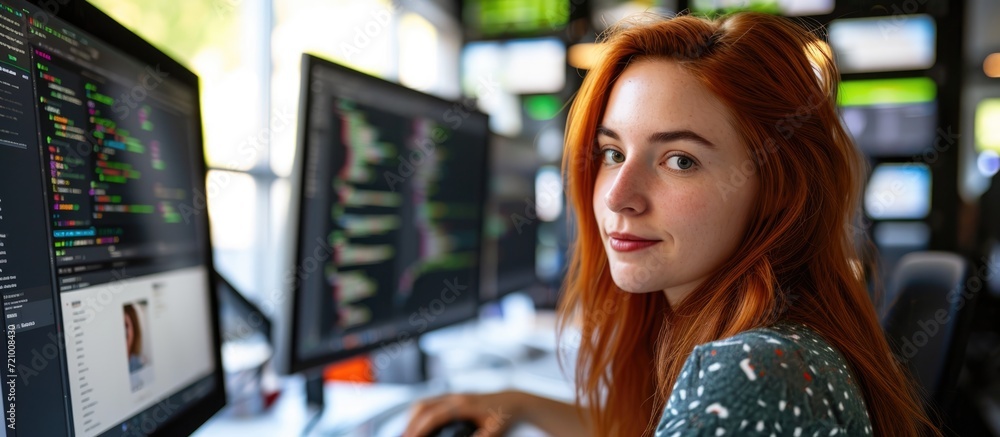 Poster caucasian woman programming with two monitors in office, creating saas platform for start-up.
