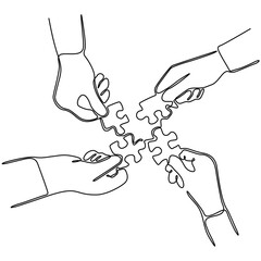 Continuous One line drawing of hands holding puzzle pieces and want to merge together. Father or mother and son teamwork - continuous line draw vector