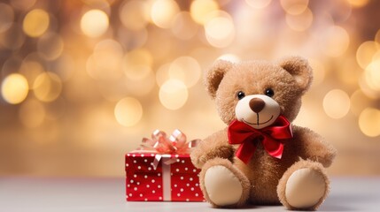 Teddy bear with red bow and gift box on bokeh background Generative AI