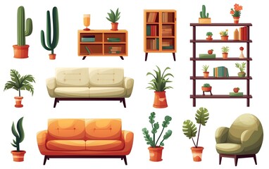Living room interior set with sofa, armchair, bookshelf and TV. Collection of cartoon vector illustrations

