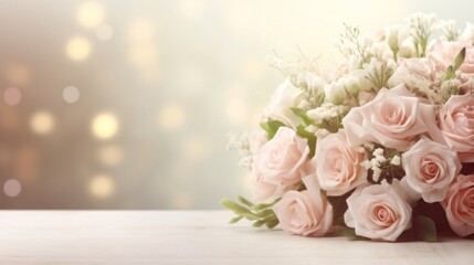 Obraz premium Bouquet of delicate pink roses with soft lighting on a wooden surface.