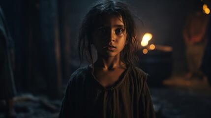 Fototapeta premium A young girl with haunting eyes in a dark, candlelit environment, evoking emotion.