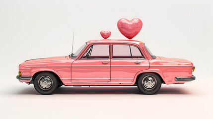 Still life concept with pink retro car with pink heart on a roof isolated on white background. generative ai 