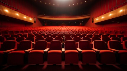 Modern theater interior featuring rows of empty red seats and a stage, evoking a sense of anticipation.
