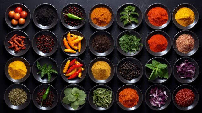 Various Colorful Spices Displayed In Black Bowls On A Dark Surface, Viewed From Above.