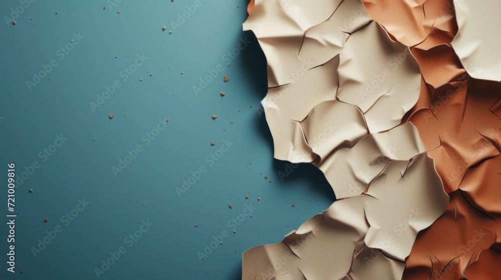 Poster crumpled beige and brown paper textures contrasting with a plain blue background, creating an abstra