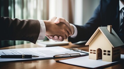 Close-up of a professional handshake over a house model, symbolizing a real estate agreement. - obrazy, fototapety, plakaty