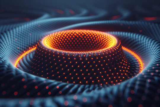 3D render of a dynamic, glowing torus surrounded by intricate geometric patterns illuminated in vibrant orange against a deep blue background. The image exudes a sense of futuristic technology and ene