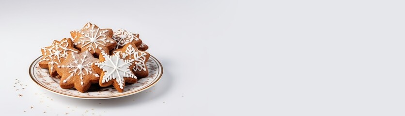 Fototapeta premium Homemade Christmas gingerbread cookies decorated with sweet sugar icing served on plate on white wooden background