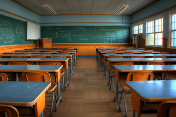 A well-lit, spacious classroom featuring rows of wooden desks and chairs, a large green chalkboard covered in mathematical equations and lessons, and multiple windows allowing natural light 
