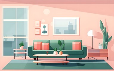 Beautiful green and pink contemporary living room flat color vector illustration

