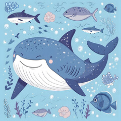 Cute cartoon whale and shark seamless pattern background.