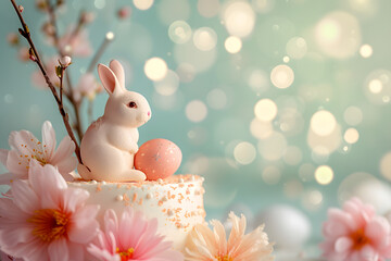 Naklejka na ściany i meble Bunny on cake with easter decoration for Easter day on bokeh background.