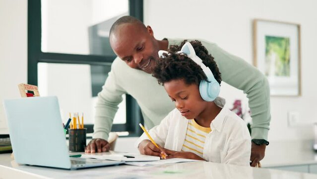 Father, child and laptop or helping with homework for elearning school at home for education, knowledge or studying. Man, son and headphones or notebook for online virtual class, tutor or development