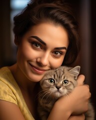 Closeup of a Cheerful Mediterranean Woman with Top Knot Bun and Radiant Smile Holding a Scottish Fold, Both Looking Directly AI Generated