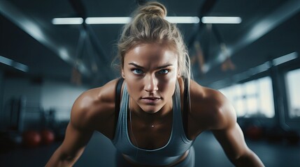 Fototapeta na wymiar Portrait of young sportive woman doing push-ups in gym Generative AI