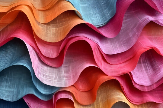  multi-colored, textured fabric waves creating a visual symphony of form and color. Ideal for backgrounds, fashion, or abstract art.
