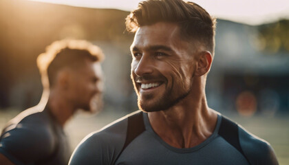 cinematic photo Extreme close-up, man workout, whitespace, smiling, natural light, realistic . 35mm photograph, film, bokeh, professional, 4k, highly detailed