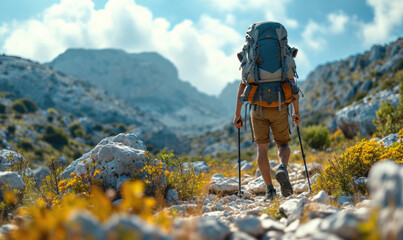 hiker man with trekking backpack and hiking poles on a rocky cliff during walk on Lycian Way trail in mountains - Powered by Adobe