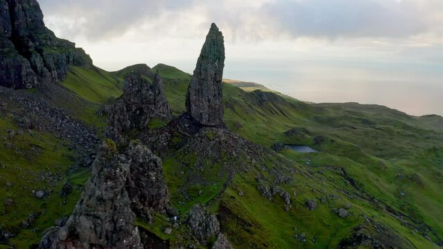 4k Aerial View Of The Old Man Of Storr, Isle Of Skye, Scotland