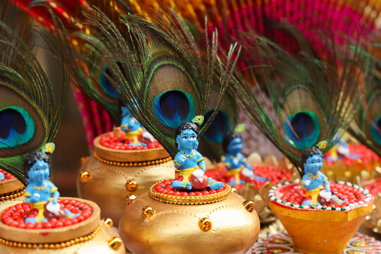 Sri Krishna statue with peacock feather. Lord Krishna Standing with Flute Vishu festival Kerala