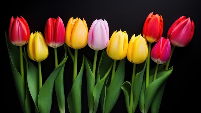 Vibrant Tulips on Black Background AI Generated
